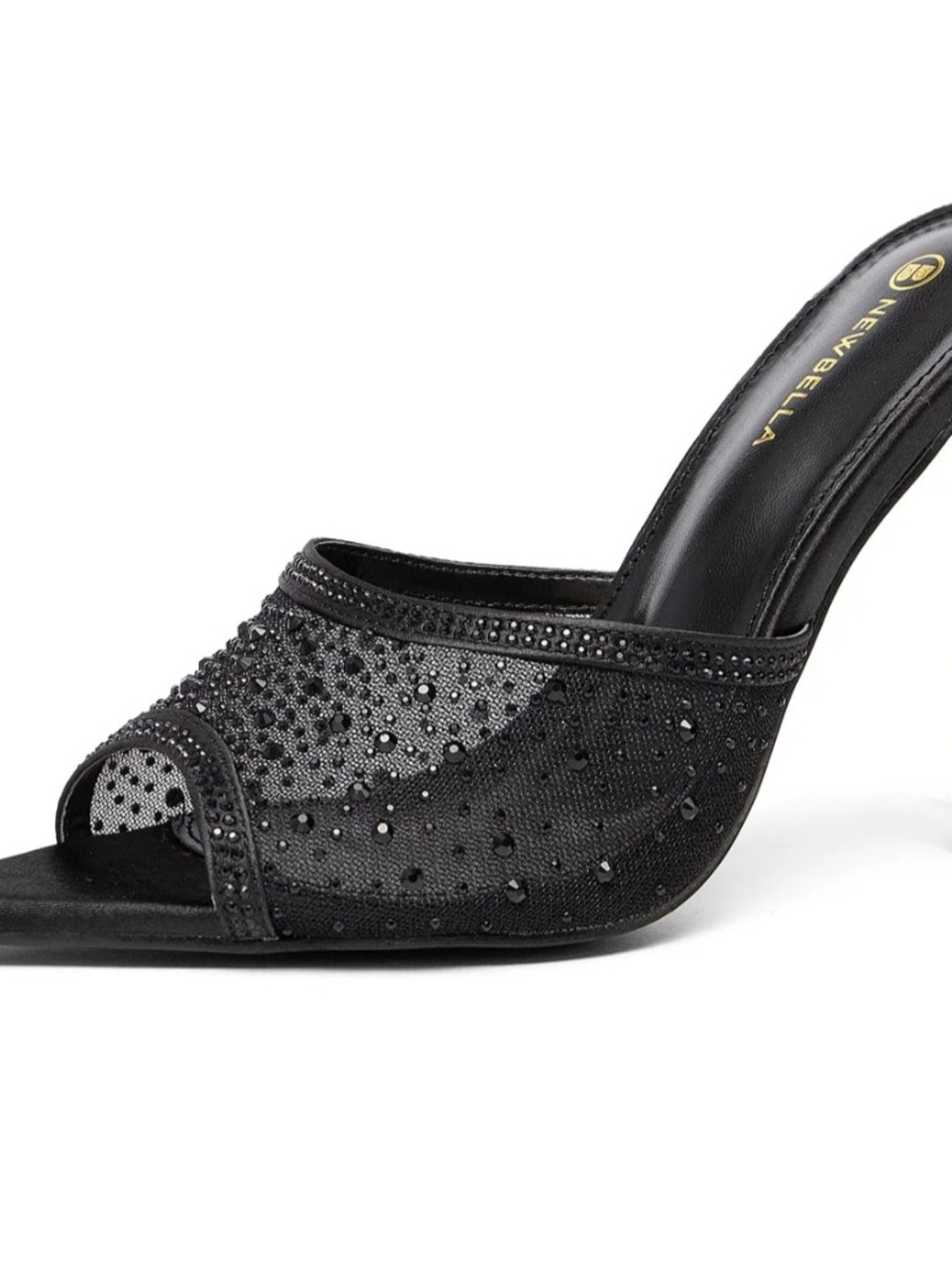 NEWBELLA Women's Black Mesh Rhinestone High Heels Size 7.5